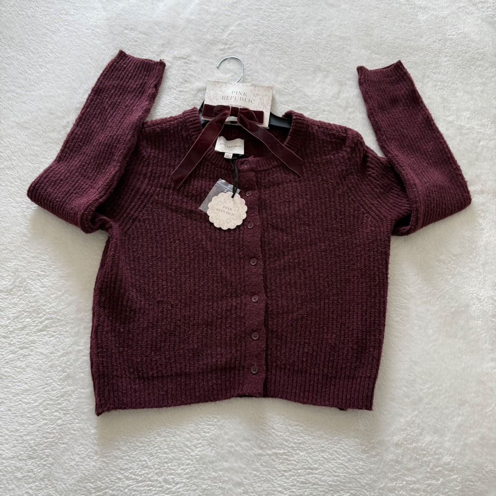 Girls Pink Republic‎ Burgundy Ribbed Cardigan Sweater Velvet Hair Bow NWT L-14